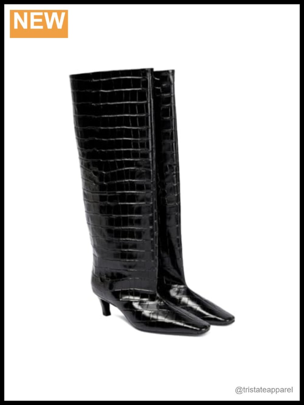 Croc-effect Leather Square Toe Kitten Heel Knee High Boots Wide Calf Pull On